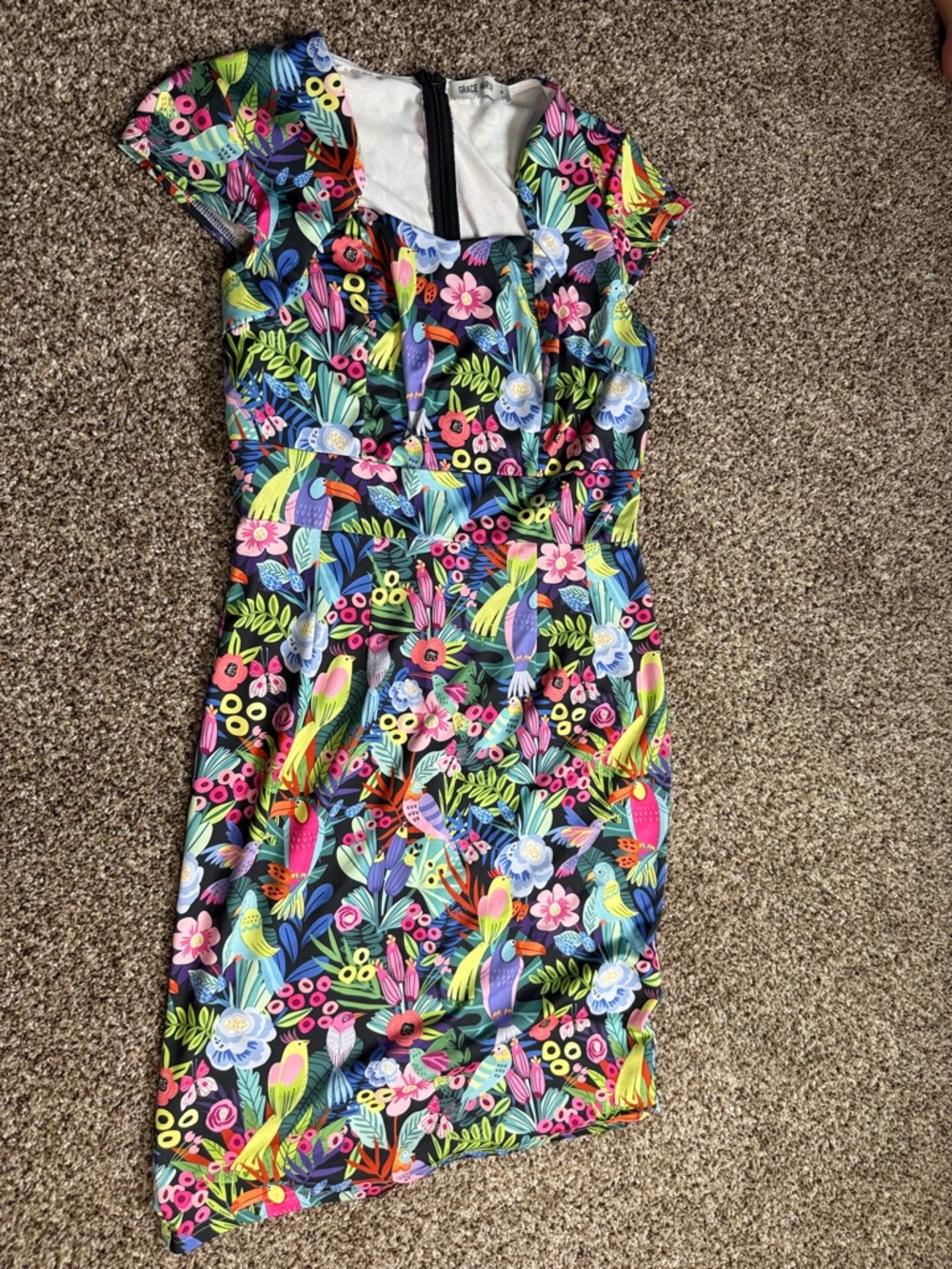Grace Karin Multicolor Tropical Bird & Floral Dress